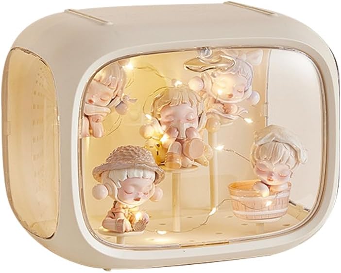 W. MM Display case for Figures with Light Adjustable Display Stand Clear Acrylic Display Box with Door Dust and Moisture Proof Suitable for Lego Collectibles Action Figures Pop Mart (Cream) - Image 1